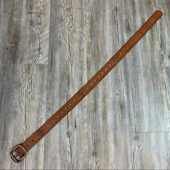 Brown Tooled Punched Leather Belt Gold Tone Metal Hardware and Stud Embellished - Picture 10 of 10